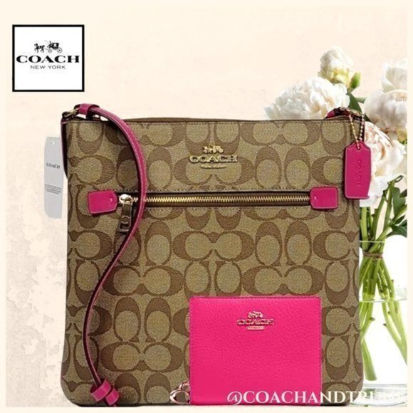 NWT COACH 2 PIECE SET Leather Khaki Bold Pink Rowan File Bag and Snap Wallet - Picture 1 of 9